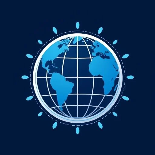Highly stylized futuristic emblem, abstract fusion of a stylized globe, intricate circuit board patterns, and flowing data streams, luminous metallic finish, isolated on a dark transparent background.